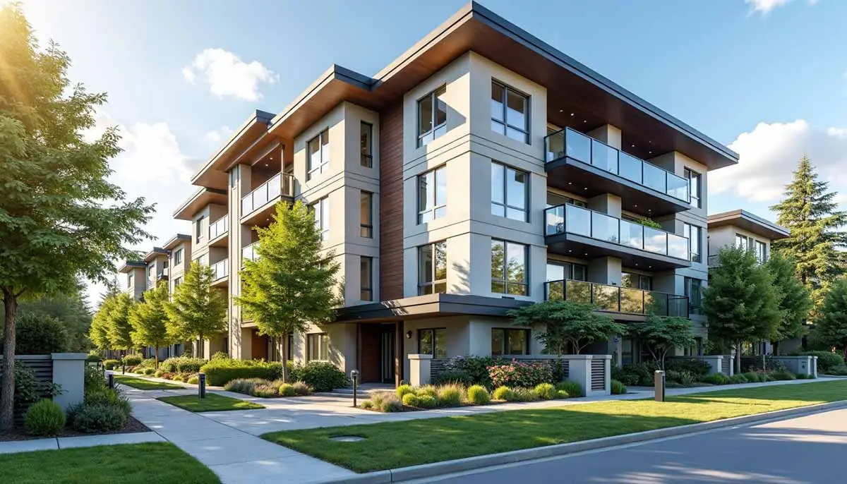 A contemporary condo building in the Fraser Valley with a clean exterior and landscaped entrance on a sunny day, managed by Cornerstone Park Realty Rental Services