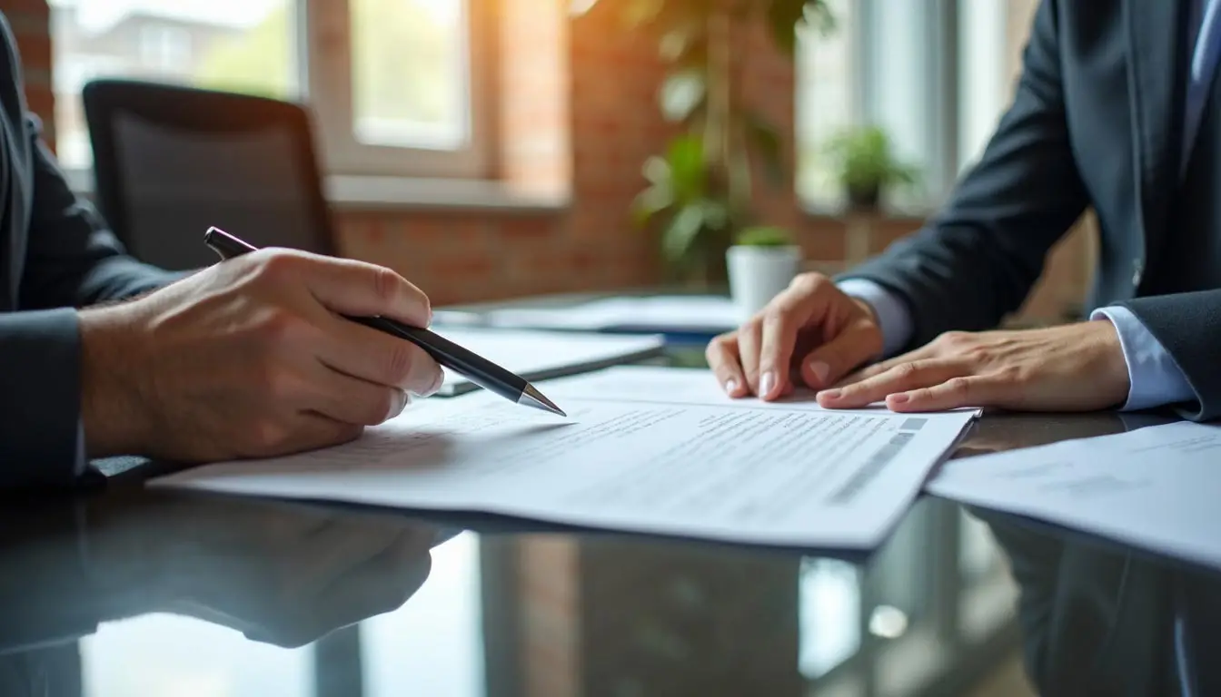 Extreme close-up of a landlord in a gold suit handing a blurred K Form document to a strata manager in a charcoal blazer inside a modern corporate office, with soft natural lighting and shallow depth of field